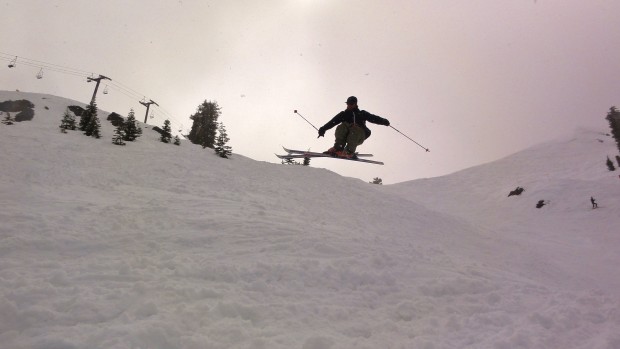 Sending it on old school skinny skis