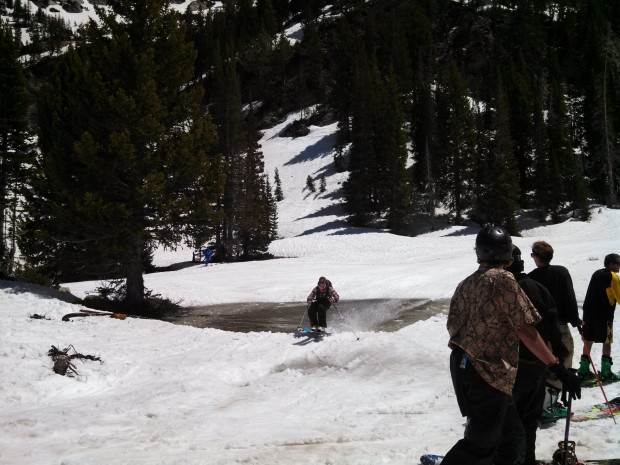 Pond skimming party at the bottom of Anderson's Downhill.