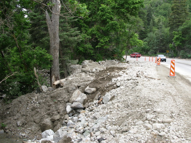 Debris flow into the trees from the edge of the road.