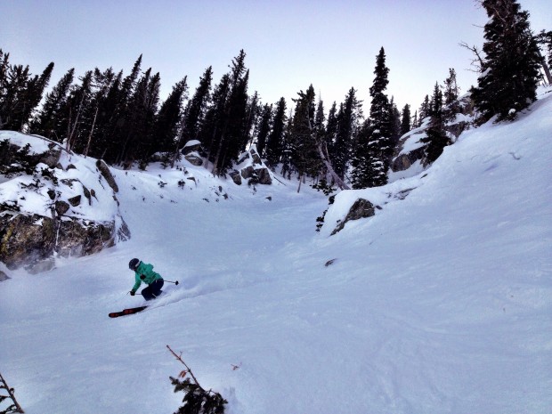 Sneds ripping some soft snow in Tower 3 Chute