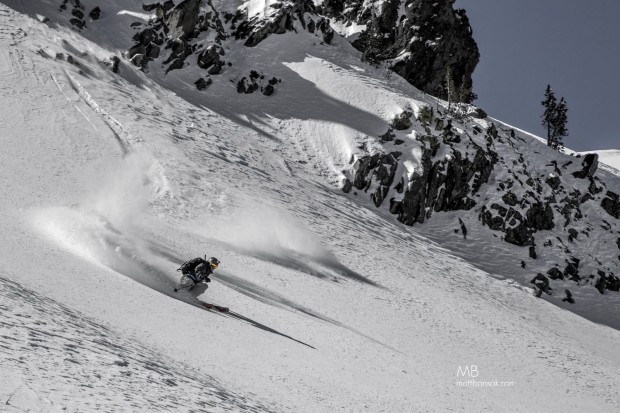 Scott Gaffney powering a turn in the Tahoe backcountry