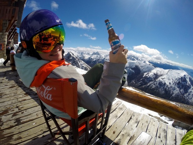 Drinking beer with cute girls on the deck at Refugio Lynch on the last day of the season, September 30th, 2014. photo: snowbrains