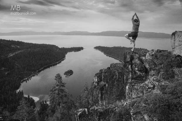 Meghan Kelly yogaing out over Emerald Bay. Not seen is the major cliff below her.