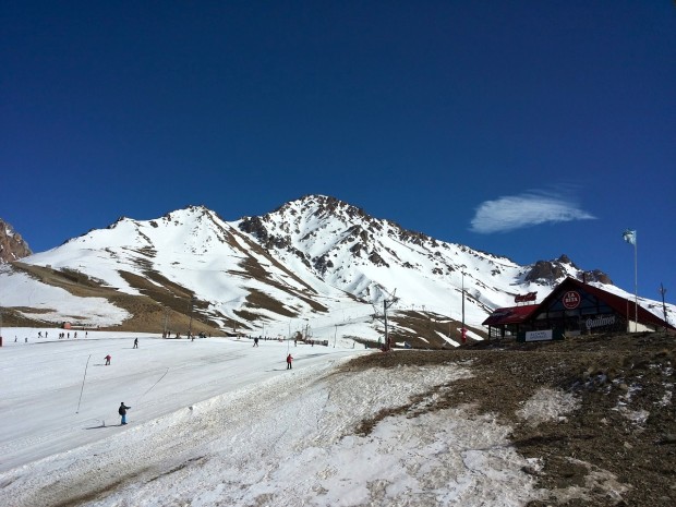 View of Eduardos, Las Lenas, Argentina with no snow down low.  August 27th, 2014.  photo:  staging.snowbrains.com