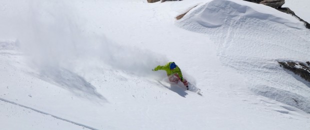 Snowboarder ripping down Laguna today.