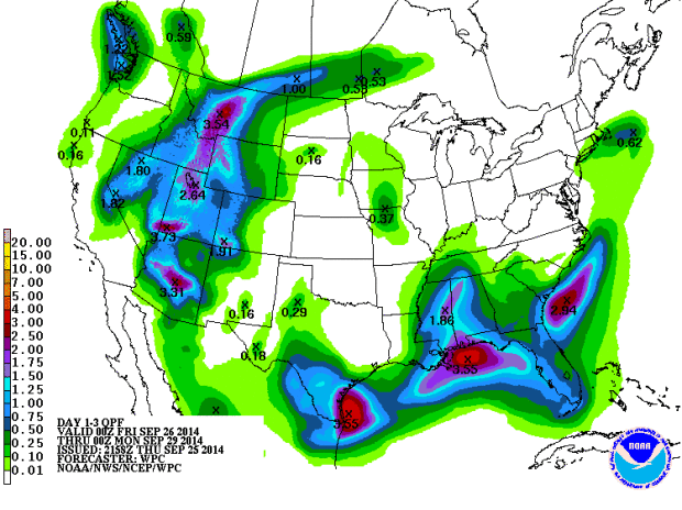 Precipitation forecast for the USA the next 3 days.