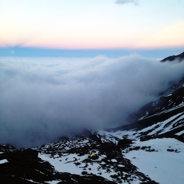 Camp Salto being eaten by clouds.