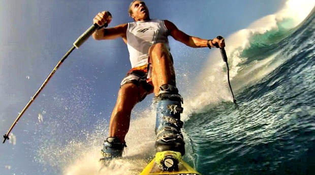 Chuck Patterson wearing some solid ski boots at Jaws, Maui