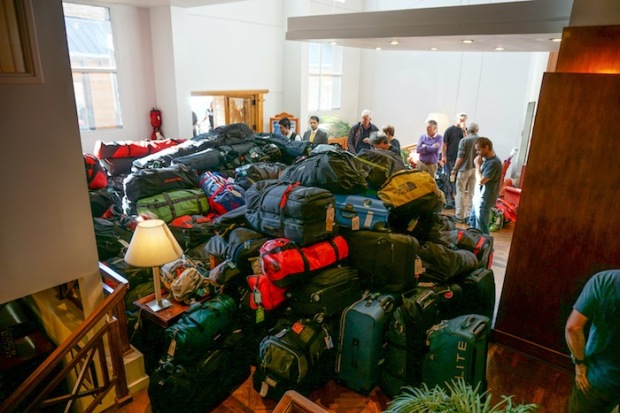 Biggest gear pile I've ever seen. Over 100 skis in there. Ushuaia, Argentina.