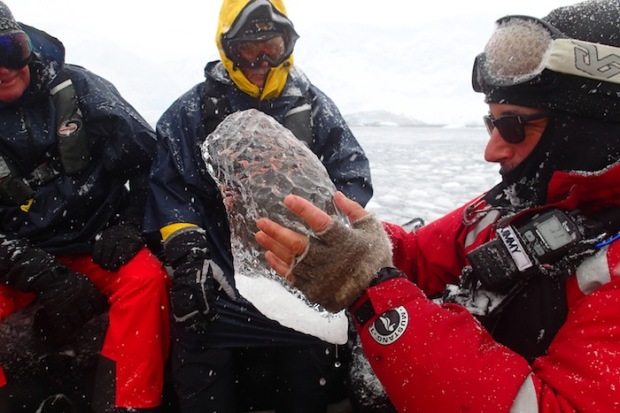 Our Antarcitca guides know what's important. 10,000 year old Glacier ice freshly harvest for whiskey drinking.