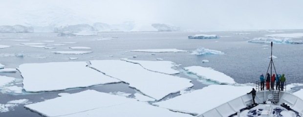 The Sea Adventurer proving she's an ice breaker in Gerlache Straight, Antarctica.