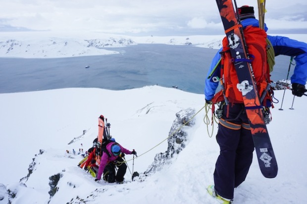 Climbing up an unnamed peak on King George Isle on our last ski day, Nov. 14th, 2014.