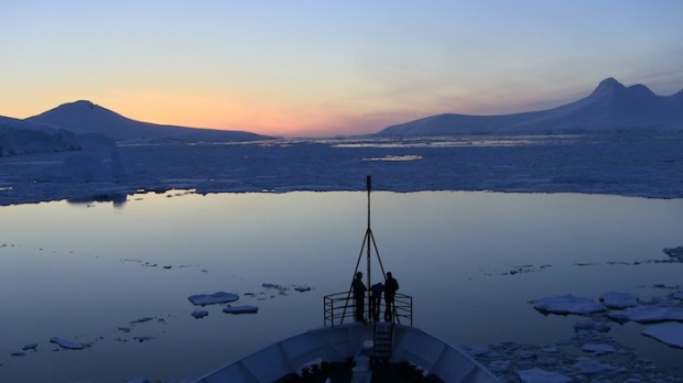 Ice Breaking in Sunset in Gerlache Straight, Antarctica in Fip-Flops. photo: snowbrains