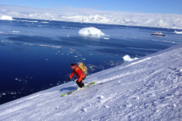 Charles tearing up the lower slopes of Mt. Victoria, Brabant Isle, Antarctica. photo: staging.snowbrains.com