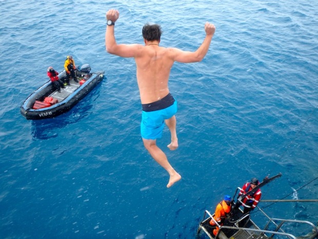 Mountain guide Per Ås hucking his meat from the 4th Deck into 32ºF waters off King George Isle.