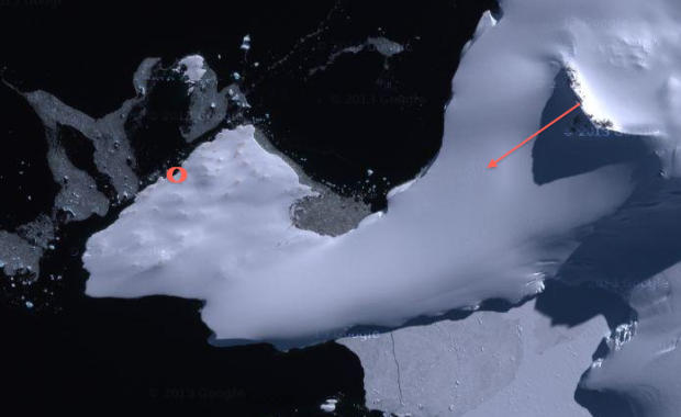 Damoy Point. Hut located on Bay. Red circle = landing/pick up. Red arrow = line skied.