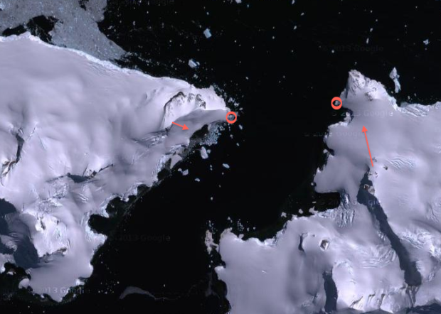 Paradise harbor with Lamaire Isle to the left and the Antarctic Peninsula to the right.