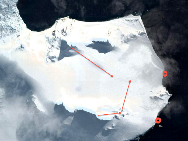 Half Moon Isle floating above Livingston Isle. Red circle = landing/pick up. Red arrows = lines skied.