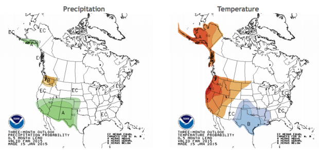 US seasonal outlooks for Feb - April 2015, which combine the effects of long-term trends, soil moisture, and, when appropriate, ENSO.