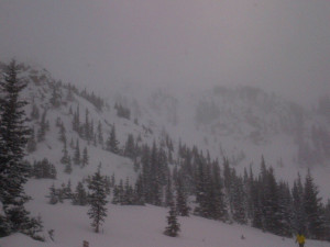 looking up at the legendary peak covered in fog