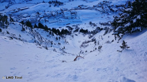 Photo from where the avalanche started with the town Obergurgl, Austria in the background.  