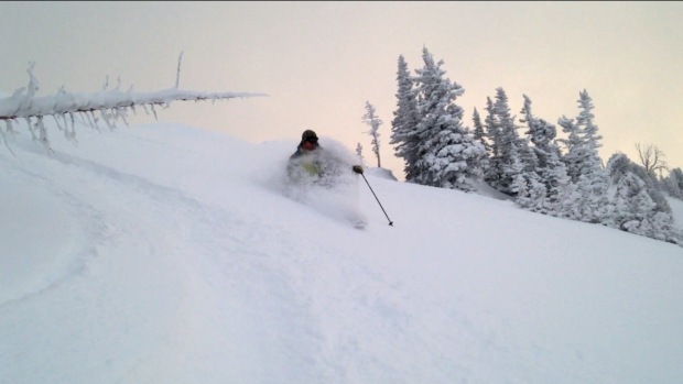 Dropping knees at sunset [Photo: joey Campanelli, Skier: Arron Dindorf]