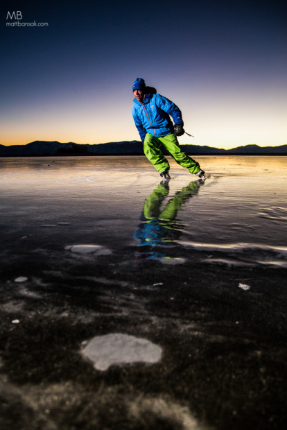 Robb Gaffney enjoying a sunrise skate session on Lake Tahoe, during a rare event where a portion of Tahoe froze over in Tahoe City in early January, due to shallow water and cold temps.