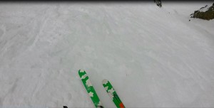 looking down Dihedral Chute with chalking light powder to had. 