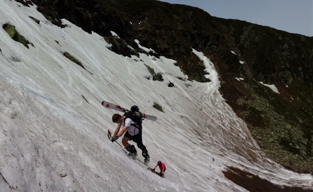 Limited snow, but still steep! [Photo: Aaron RIce, Pictured: Cyril Brunner, Mike Gadomski]