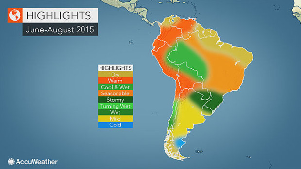 Accuweather's South American Winter Outlook showing above average precipitation for the southern part of the Andes that has all the ski resorts.