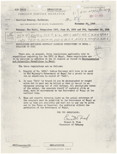 1959 Memo regarding the Yeti in Nepal