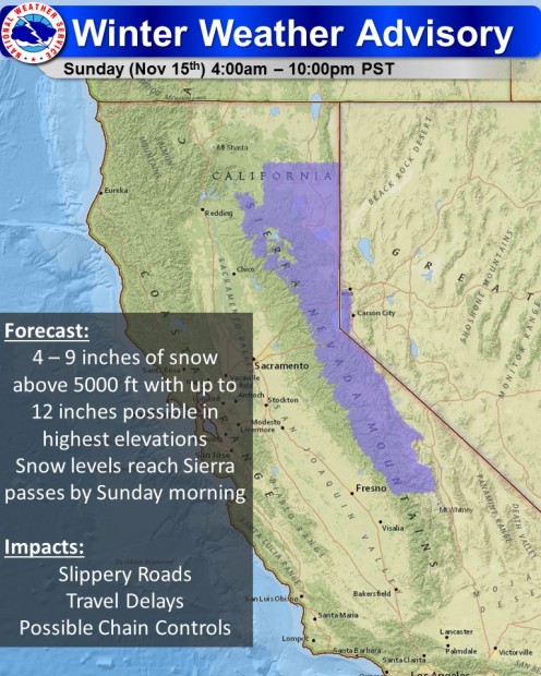 PURPLE = Winter Weather Advisory in CA for Sunday. image: noaa