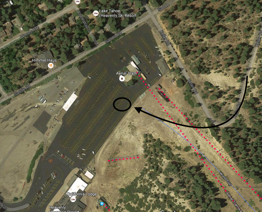 Approximate path SUV took off Keller Drive and onto a ski run at Heavenly ski resort, CA then off 12-foot retaining wall. image: google. edit: snowbrains