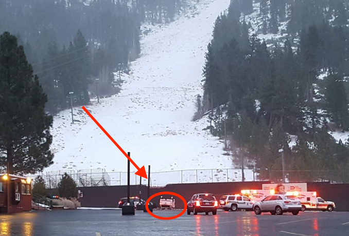 SUV overturns at Heavenly yesterday; emergency crews on site to assist. Arrow shows approximate path of the SUV. Credit: David Cook. Edit: snowbrains