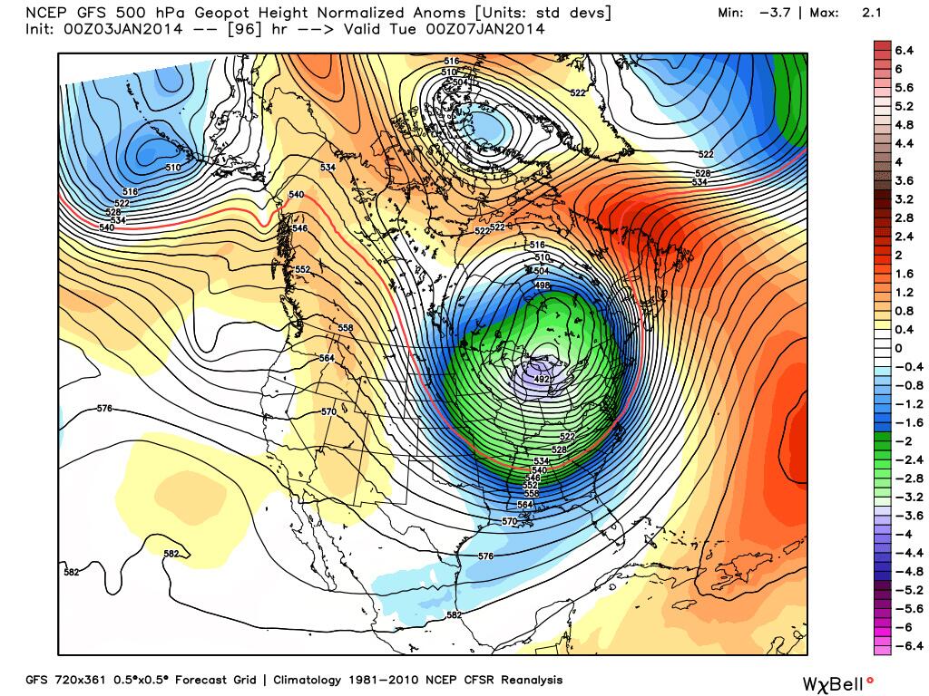 In this image produced by the American GFS weather model, the polar vortex has broken down and formed into separate systems, one of which is focused over the Great Lakes. Photo: NOAA