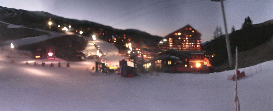 Meribel, a large resort in the Trois Valle region of France, shows only man-made snow on the pistes at mid mountain in the latest webcams. Photo: Meribel Webcam, Dec. 29, 2016