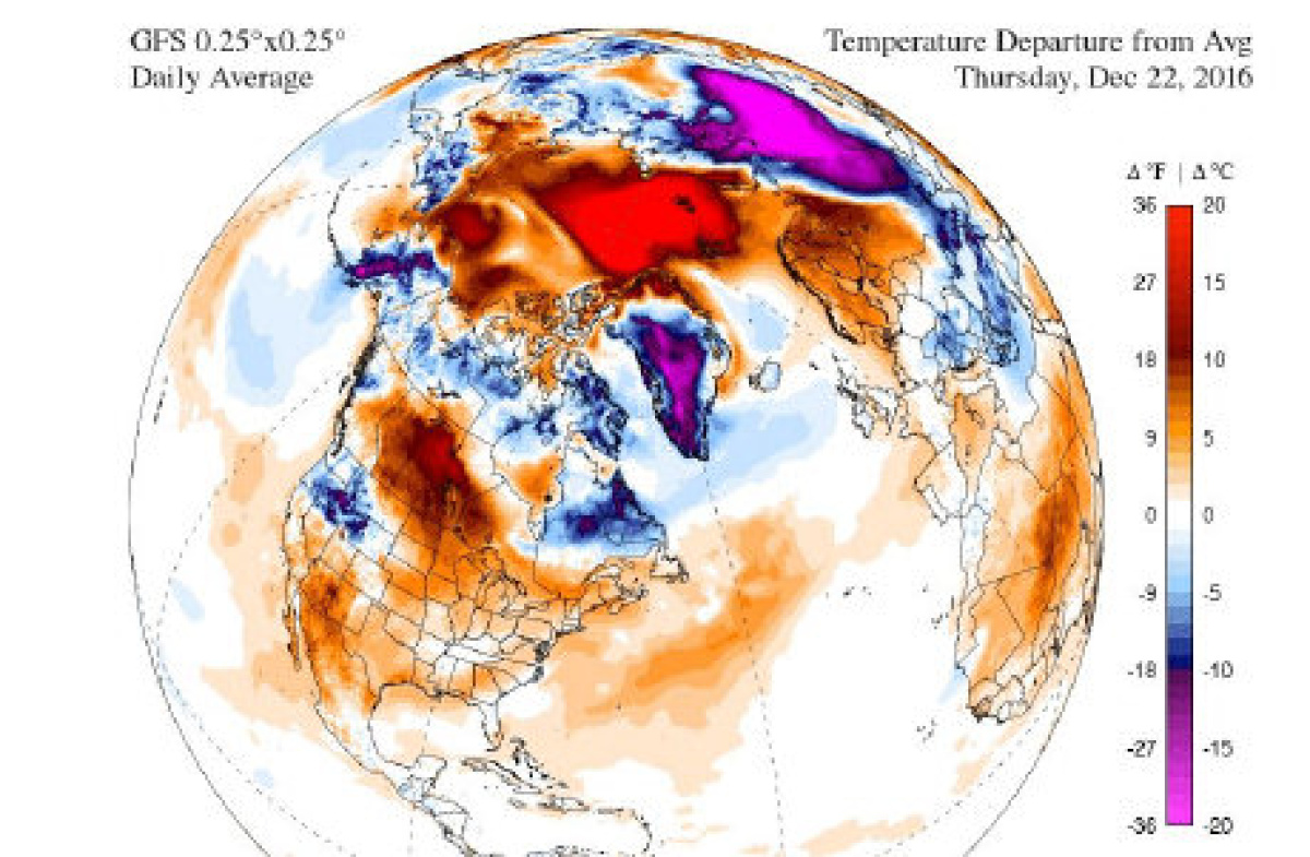 GFS image of the abnormally warm temperatures over the North Pole, with cold air displaced southward over Siberia. Photo: UMaine