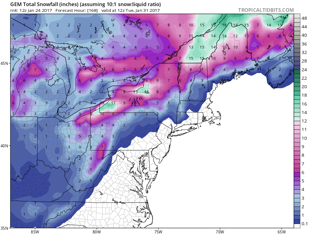 Seven day snowfall totals looking pretty good throughout New England. Source; Tropical Tidbits