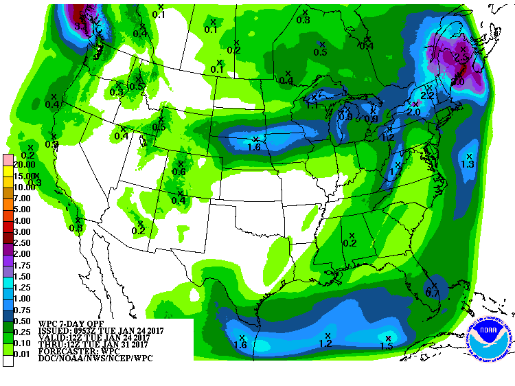 Seven day moisture total looking good across the entire nation! Source; NOAA