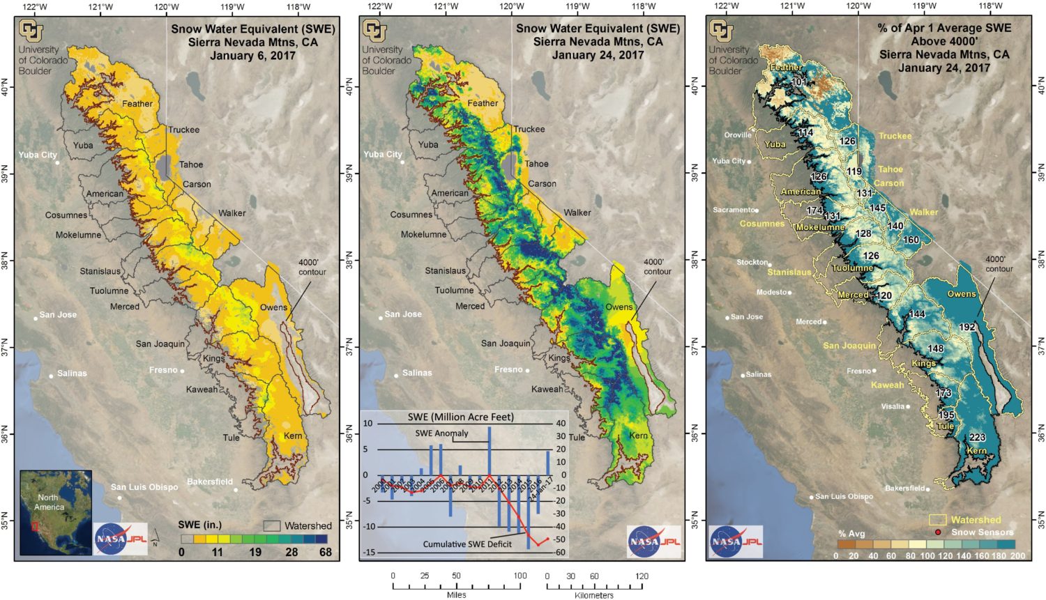 Maps of the snow-water equivalent from the beginning of January compared to mid-January. Source; NASA.