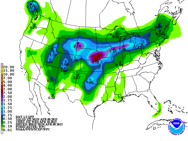 2 day moisture map for USA showing UT and CO about to get walloped
