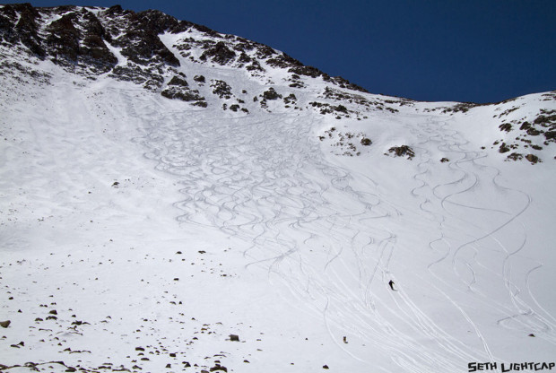 Might want to steer clear of the North Face of Dunderberg Peak for a week or two. Thirty plus skiers gang banged that face during the annual Green Creek Chute Out last weekend. The informal backcountry gathering, hosted by Tahoe skier Glen Poulsen, has brought together friends to ski that line every spring for over 25 years.