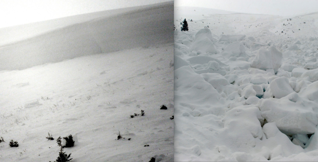 Avalanche debris, bed surface and crown from Saturday’s avalanche.  photo:  karl gehrig/denver post