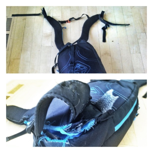 My pack with blown straps and general carnage