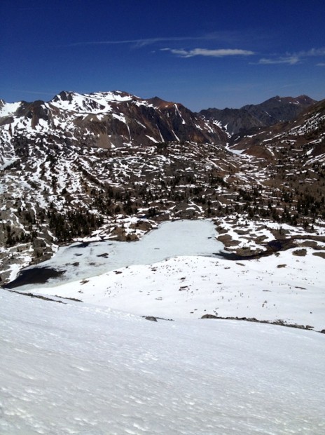 Greenstone Lake and camp looking down from GPS Bowl. Saturday morning held great snow come late morning/early afternoon.