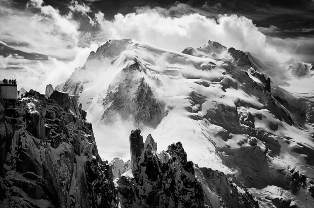 Mont Blanc du Tacul and tourists at the top station of the Aiguille du Midi