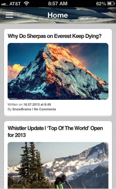 SnowBrains App home page