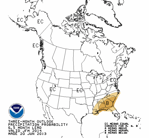 Precipitation forecast for January, February, March, 2014