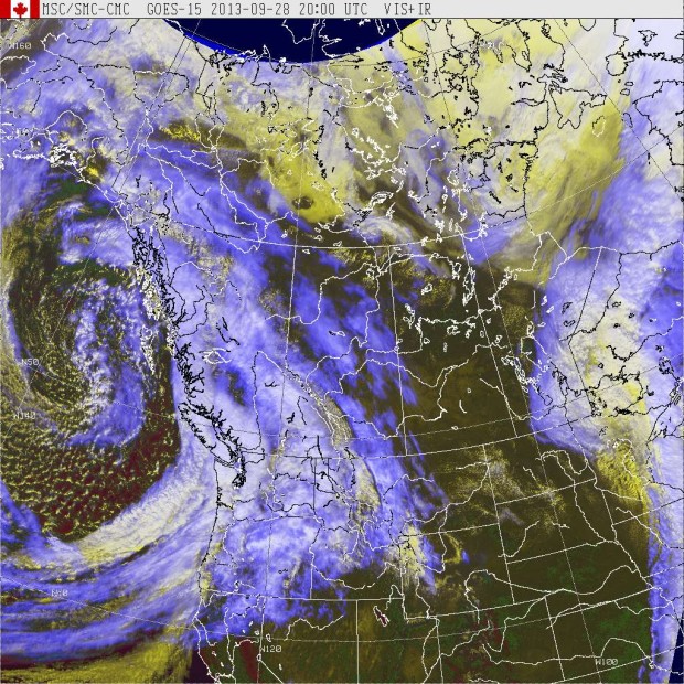 GOES West (Western Canada) IR + visibile satellite image at 1:20pm, September 28th, 2013.