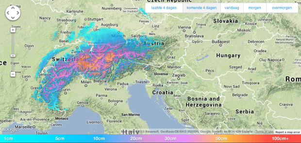 Alps snow forecast for the next 4 days.  image:  wepowder.com